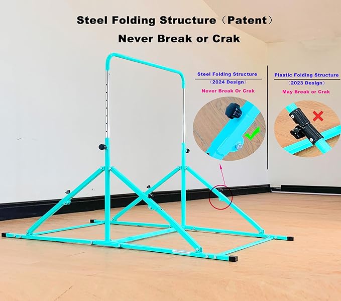 MARFULA Foldable Gymnastic Bar for Kids Ages 3-12, 9 Height Levels, 200 lbs Weight Capacity, 5 Ft Length Gymnastic Kip Bar with Mat, Gymnastic Equipment for Home and Gym Center Indoor Outdoor Use