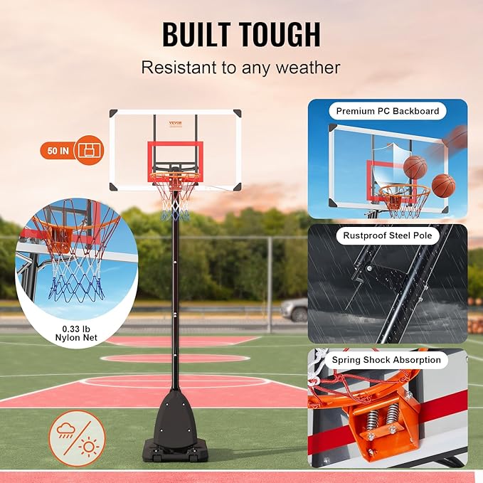 VEVOR Basketball Hoop/Rim, Adjustable Height Portable Backboard Court, Basketball Goal, Mobile Stand with Wheels Weighted Base, Youth&Adults, Outdoor/Indoor