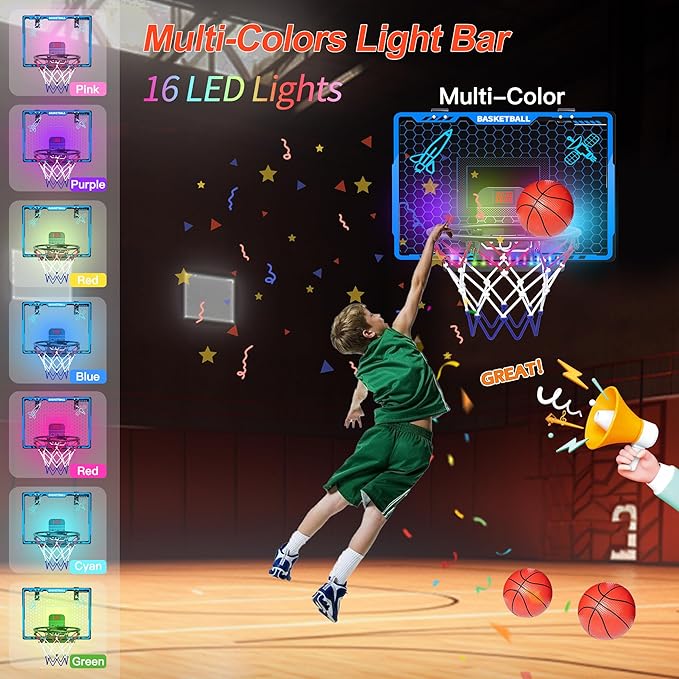 Awsoo Mini Basketball Hoop for Kids，Indoor Basketball Hoop with4 Basketballs, Colorful LED and Scoreboard, Mini Hoop Toys for 5 6 7 8 9 10 11 12 Year Old Boys Girls (Blue)