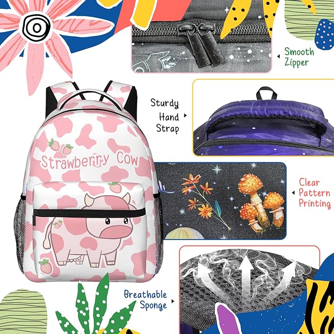 Cute Pink Strawberry Cow Print Backpack for Boys Girls Bookbags Lightweight Adjustable Elementary Middle High School Bags for Kids Children Teenagers Travel Daypack Laptop Hiking Backpacks