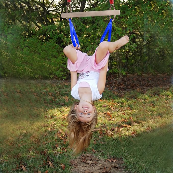 PELLOR Playground Children's Wooden Trapeze Swing Bar with Plastic Gym Rings Swing Set for Indoor & Outdoor Fun