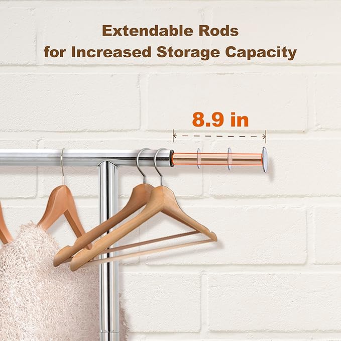ikloo Heavy Duty Clothes Rack with Wheels load 130 LBS, Metal Rolling Clothing Rack with Extendable Rod & Bottom Shelf, Portable Closet Organizer, Storage for Hanging Clothes, Chrome
