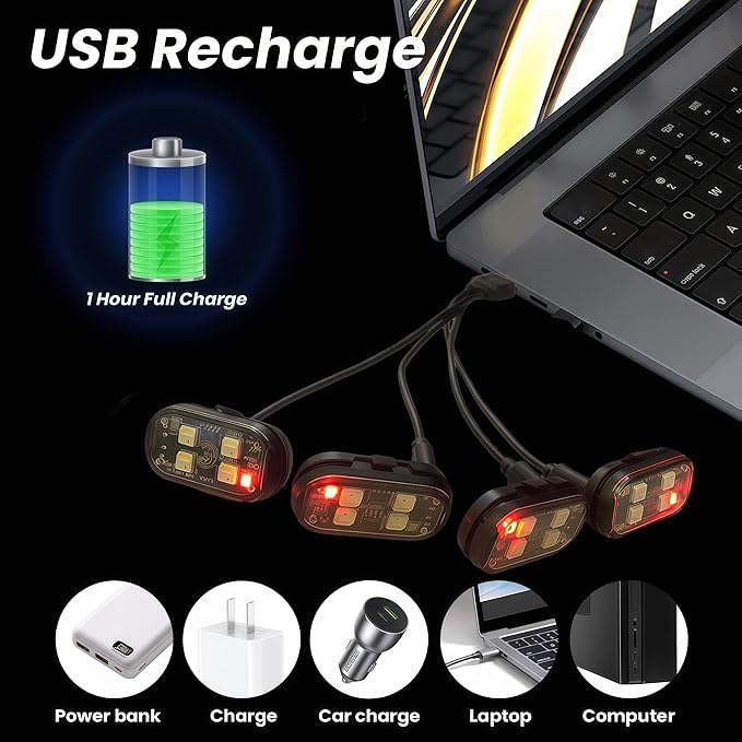 4PCS Wireless LED Strobe Lights with Remote Control, RGB 8 Colors Multifunction, USB Charging Waterproof Anti-Collision Tail Warning Mini Light for Car Motorcycle Trucks Bike Drone Aircraft (4)