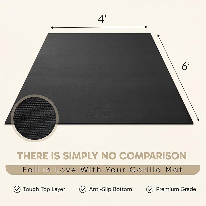 Gorilla Mats Premium Large Exercise Mat – 6x4', 7x4', x7x5', 8x4', 10x4' (1/4" Thick) Ultra Durable, Non-Slip, Workout Mat for Instant Home Gym Flooring – Great on Any Floor – Use With or Without Shoes