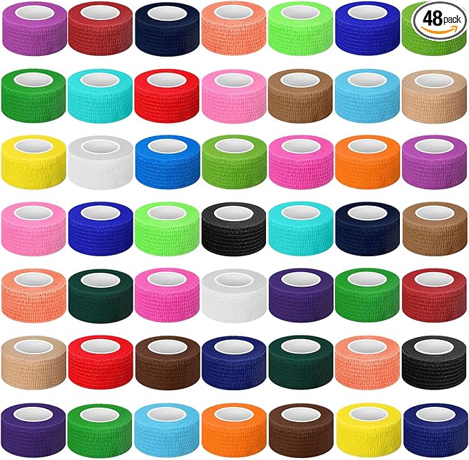 Treela 48 Pack Self Adhesive Wrap Bandage Bulk, Self Adherent Cohesive Bandage Elastic Athletic Tape Breathable Wound Tape for Stretch Athletic Sports Wrist Ankle(Multicolor,1 Inch X 5 Yards)