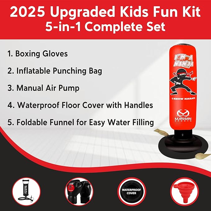 Marwan Sports 5-in-1 Inflatable Punching Bag for Kids – 63" Karate Toy Set with Boxing Gloves, Durable Fast Rebound, Active Play, Stress Relief Christmas/Birthday Gift for Boys & Girls Ages 4-12