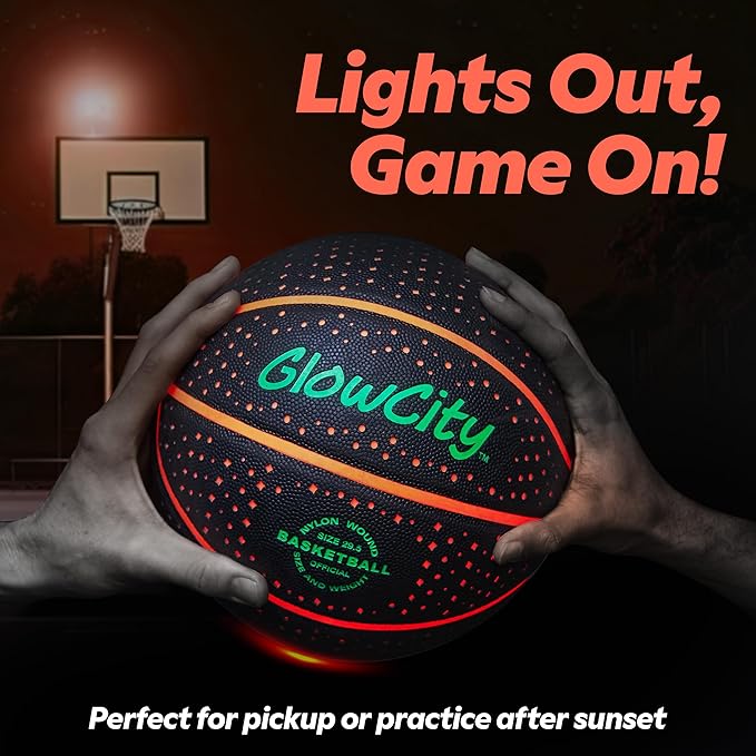 GlowCity Glow in The Dark Basketball - Sizes 5, 6, 7 Light Up Ball for Kids, Teens & Adults - Red Glow for Outdoor Games - Sports Birthday Gifts Ideas for Boys Ages 6 7 8 9 10 11 12 13 14