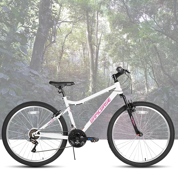 HILAND 26 Inch Womens and Mens Mountain Bike, 18 Speed Steel Frame Adult Bicycle, MTB Bikes with Suspension Fork, V Brake, Mountain Bicycle for Woman Man, Purple Green White
