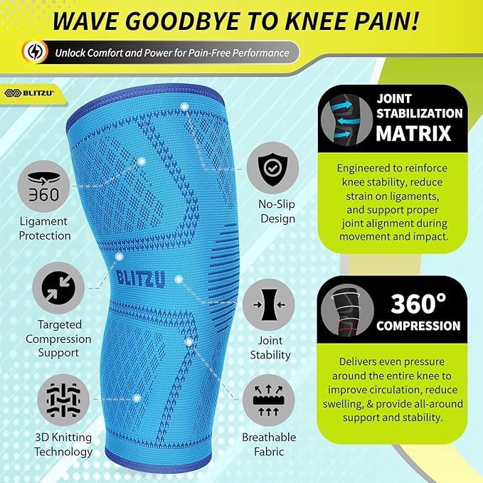Knee Brace for Women & Men, 2 Pack Compression Knee Brace, Knee Support Sleeve for Pain Relief, Running, Workout, Sports, Knee Braces for ACL, Meniscus Tear, Arthritis and Injury Recovery Blue L