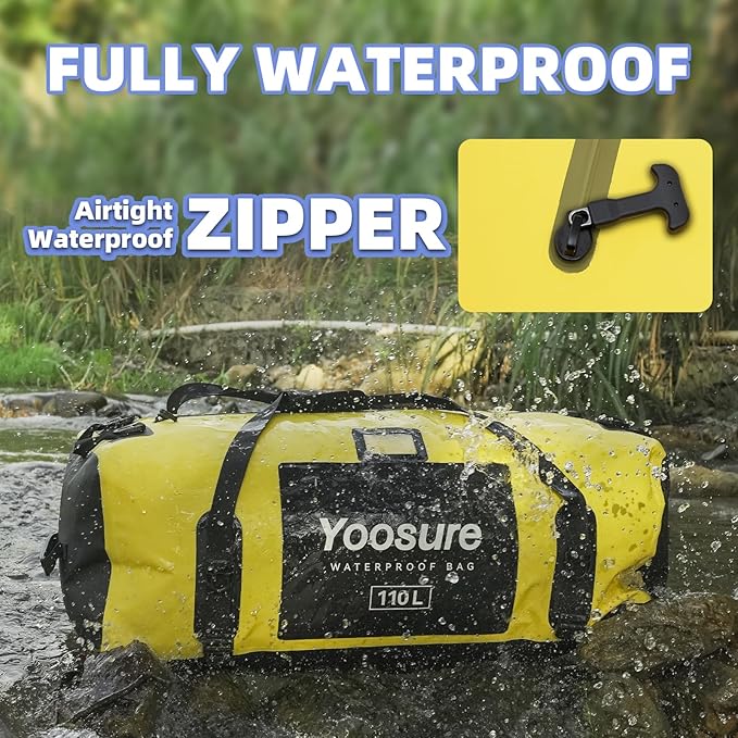 Waterproof Duffel Bag 110L- Airtight Zipper Dry Bags, Extra Large Dry Bag with Straps&Handles for Camping Boating Kayaking Rafting Canoeing Gym Beach Car Roof Storage (Black)