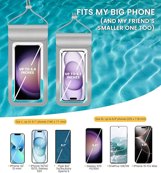 HiRui Universal Waterproof Phone Pouch with Touch Screen, IP68 Waterproof Phone Case Dry Bag for Beach, Compatible with iPhone 16/15/14/13/12/XR/SE, Samsung Galaxy, Fits up to 6.1" (Silver, Large)