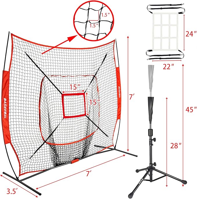 7'×7' Baseball Softball Practice Net,Baseball Backstop,with Batting Tee,for Hitting Pitching Batting Catching with Bow Frame,Bonus Strike Zone
