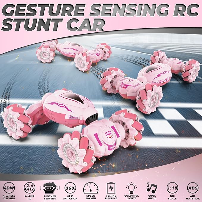 Dysaim Gesture RC Car, Gesture Sensing RC Stunt Car Toys for Kids 6-12 yr, 2.4GHz 4WD Hand Remote Control with Lights Music, Off-Road 360° Rotation Drift for Birthday Toy Gifts