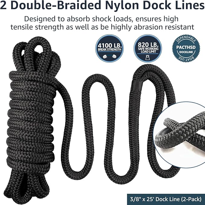 Boat Dock Lines 2 Pack 3/8" x 25' Double Braided Nylon Boat Ropes for Docking with 12" Loop, Marine Grade High Strength Boat Lines, Premium Marine Rope Mooring Lines, Easy Handling, Black