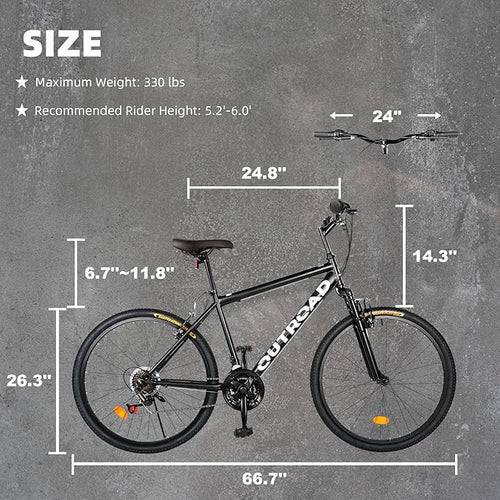 26-inch Mountain Bike, Iron Frame, 7/21-Speed Front and Rear V-Brakes MTB with Lock-Out Suspension Fork for Men and Women Black