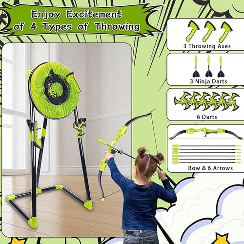 4 in 1 Axe Throwing Target Set for Backyard Kids Adults, Includes Bristle Target, Bow & 5 Arrow, 3 Throwing Axes, 3 Ninja Stars, 6 Darts, Safe Plastic Archery Yard Game for Outdoor Indoor