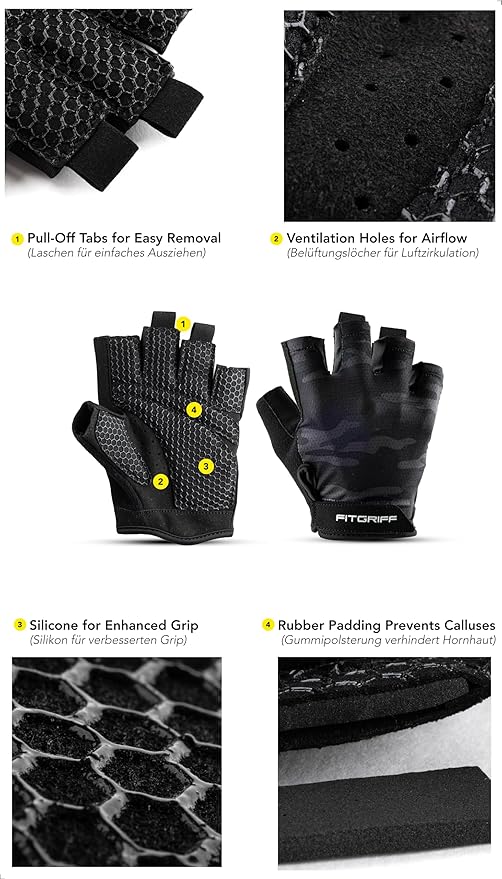 Fitgriff® Workout Gloves (Padded) for Men & Women - Fingerless Gym Gloves for Weight Lifting, Training - Full Palm Protection, Size : 5