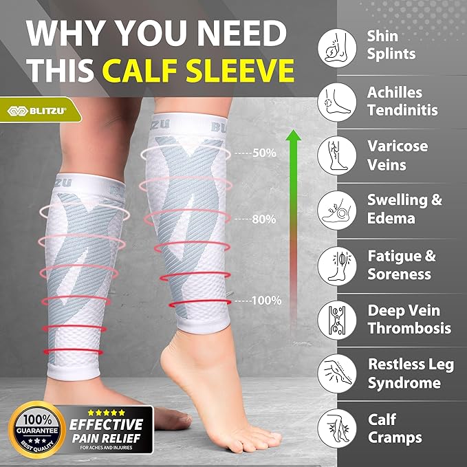 BLITZU Calf Compression Sleeve for Men & Women Footless Compression Socks Support Runners Leg Sleeve Shin Splints Pain Relief