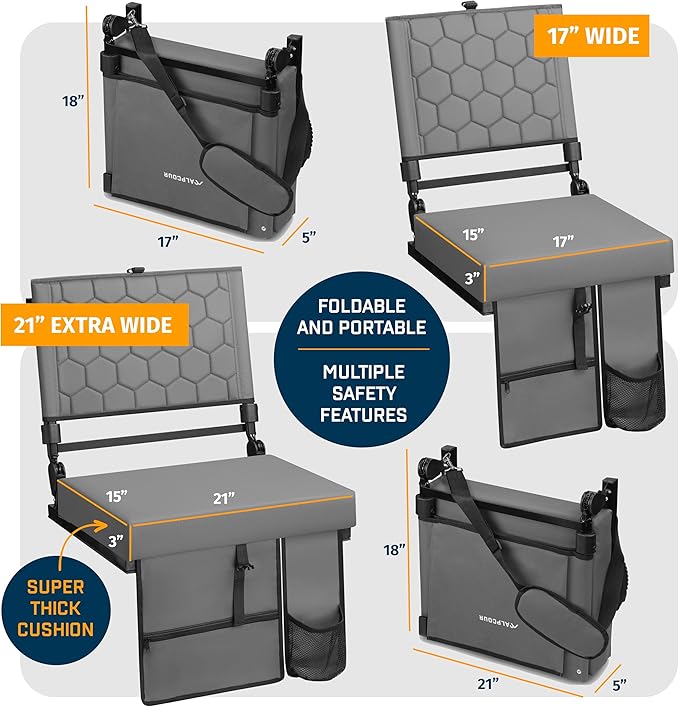 Folding Reclining Stadium Seats with Back Support for Bleachers, Bleacher Chairs with Back and Cushion Seating for Football, Camping Chair, Kayak Seat, Canoe, Paddle Board, Concerts, & Sports Events