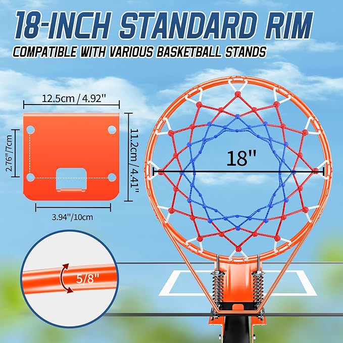 Basketball Rim, 18" Replacement Wall Mounted Outdoor Basketball Hoop, Heavy Duty Solid Steel, Double Spring Basketball Hoop Rim with All Weather Net for Indoor and Outdoor Hanging