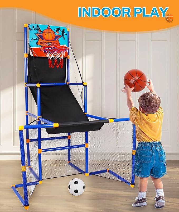 Surpop Kids Basketball Hoop Arcade Game with 4 Balls and Infrared Scoring Indicator, Basketball Football Hockey 3-in-1 - Toy Sports Game for Kids 3+