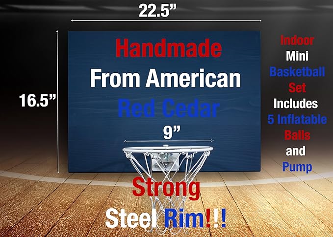 Elite Mini Basketball Hoop & Ball Set, Wall Mount, Indoor Made in The USA Cedar Backboard. Includes 9” Hoop, Net, Pump & 5 Mini Basketballs.