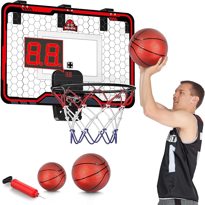 HopeRock Indoor Basketball Hoop for Kids, Over The Door Mini Basketball Hoops, with LED Light, Scoreboard, Birthday Toys Gifts for 5 6 7 8 9 10 11 12+ Year Old Boys