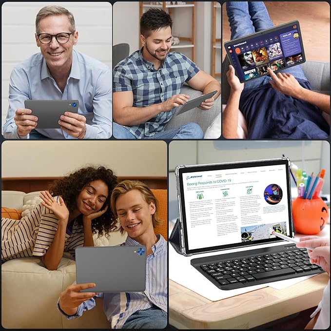 Android 15 Tablet with Keyboard, 26GB+256GB(2TB Expand), 10.1 Inch Tablet 8000 mAh Battery, BT 5.0, 5G WiFi, Widevine L1, Dual Camera, 2 in 1 Tab with Mouse, Case, Stylus(Green Case)