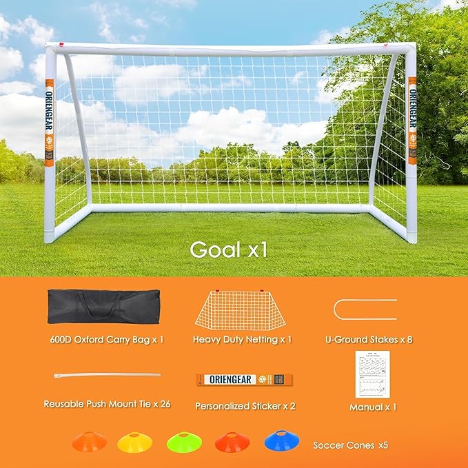ORIENGEAR Soccer Goal, 12x6/10x6.5/8x6/6x4 Full Size Soccer Goals for Backyard, Soccer Net with Training Discs, Portable Soccer Goal for Kids and Adults with 1 Carry Bag, Porterias De Futbol