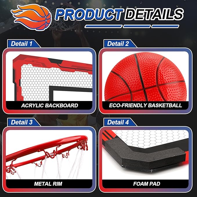 Indoor Mini Basketball Hoop Set, Upgrade Wall Mount Basketball Hoop for Wall Yard Outdoor, Over Door Room Hoops Game with 4 Balls Shatter Resistant Backboard -Complete Accessories Included