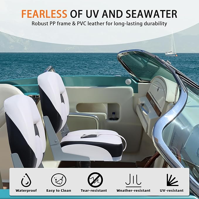 Deluxe A Pair of Marine Low Back Folding Fishing Boat Seat, Stainless Steel Screws Included, White/Black