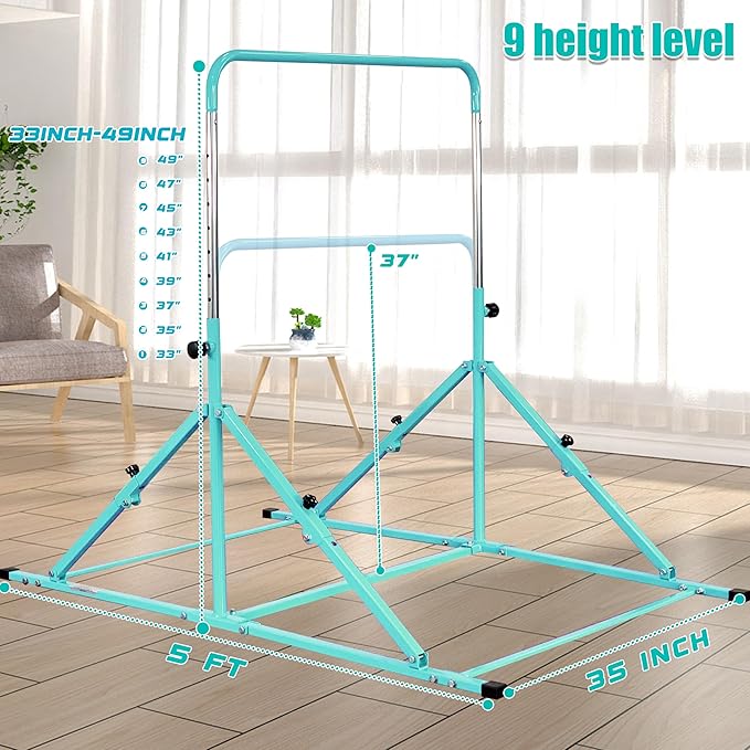MARFULA Foldable Gymnastic Bar for Kids Ages 3-12, 9 Height Levels, 200 lbs Weight Capacity, 5 Ft Length Gymnastic Kip Bar with Mat, Gymnastic Equipment for Home and Gym Center Indoor Outdoor Use