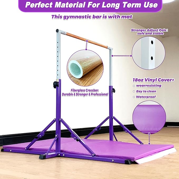 MARFULA Gymnastic Bar for Kid and Teenage Ages 3-25, 5 FT / 8 FT Base Length, 4 FT Width 5 FT Height, Gymnastic Kip Bar Horizontal Bar for Gymnast, Gymnastic Training Equipment for Home and Club Use