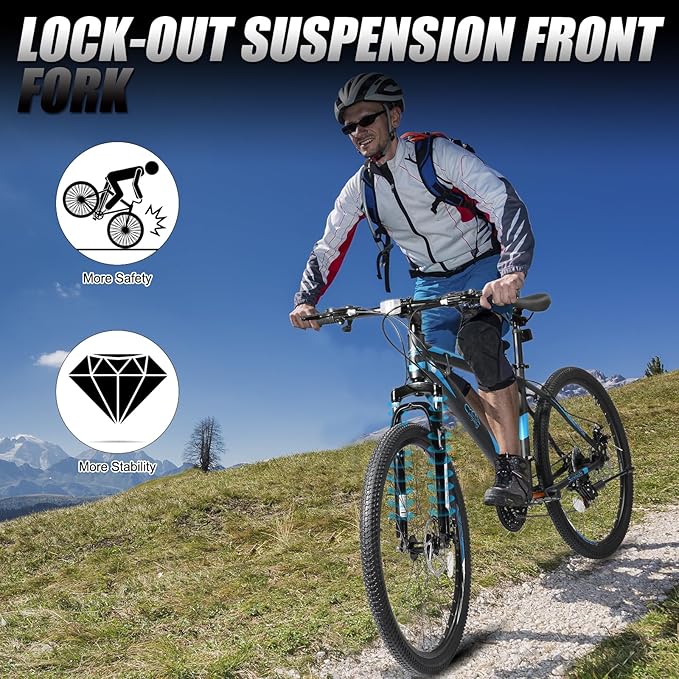 Ktaxon Mountain Bike 24/26/27.5 Inch Men & Women Mountain Bike with 21-Speed Adult Bikes, Double Disc Brake, Suspension Fork and High Carbon Steel Frame