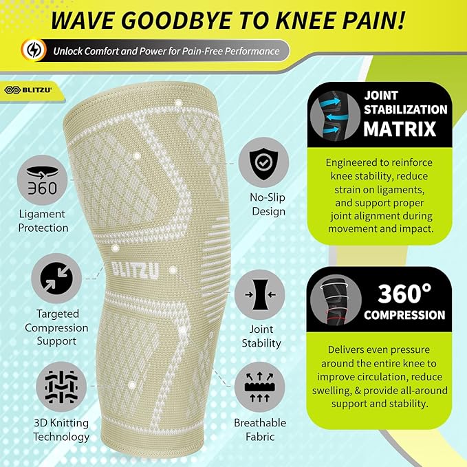 BLITZU Knee Compression Sleeves (1 Pair) – Support for Running, Joint Pain, Arthritis, Injury Recovery – Men & Women Beige L
