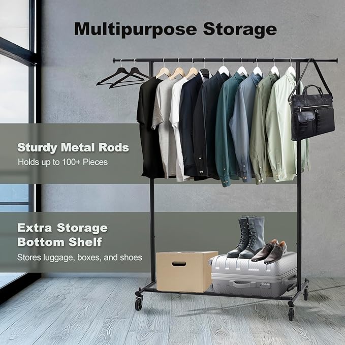 ikloo Heavy Duty Clothes Rack with Wheels load 130 LBS, Metal Rolling Clothing Rack with Extendable Rod & Bottom Shelf, Portable Closet Organizer, Storage for Hanging Clothes, Black