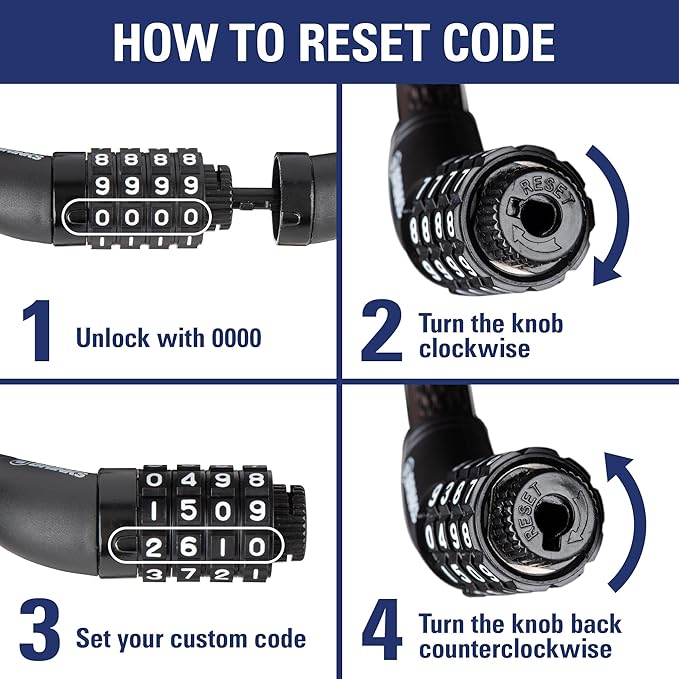 BRINKS 6 ft Outdoor Bike Lock Cable, Anti Theft Self-Coiling Design, Resettable 4-Dial Combination, 5/16" Weather-Resistant Vinyl Coating for Bikes