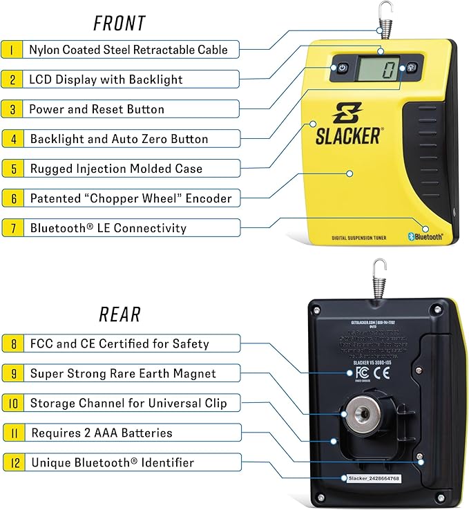 Slacker Digital Suspension Tuner Sag Scale with Bluetooth®. Check Your Suspension sag in Seconds. Works on Mountain Bikes, Street Bikes, Off-Road Bikes and Adventure Motorcycles