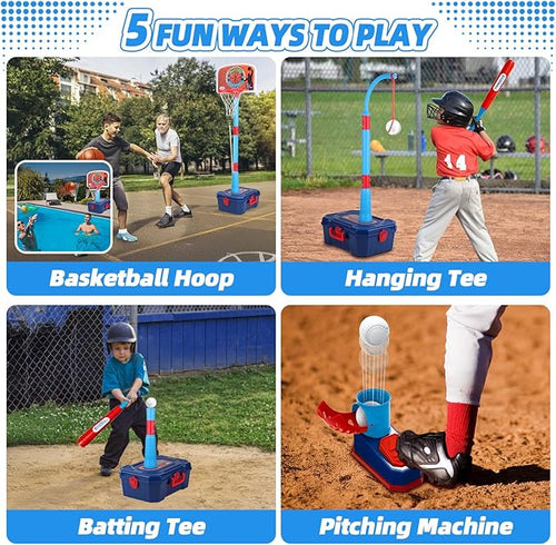 4 in 1 Basketball Hoop for Kids 1-3, 3-5, Toddler Basketball Goal and T Ball Set, Adjustable Basketball Hoop, Indoor Outdoor Sports Toys, Birthday Gifts for Kids Boys 1 2 3 4 5 Years Old