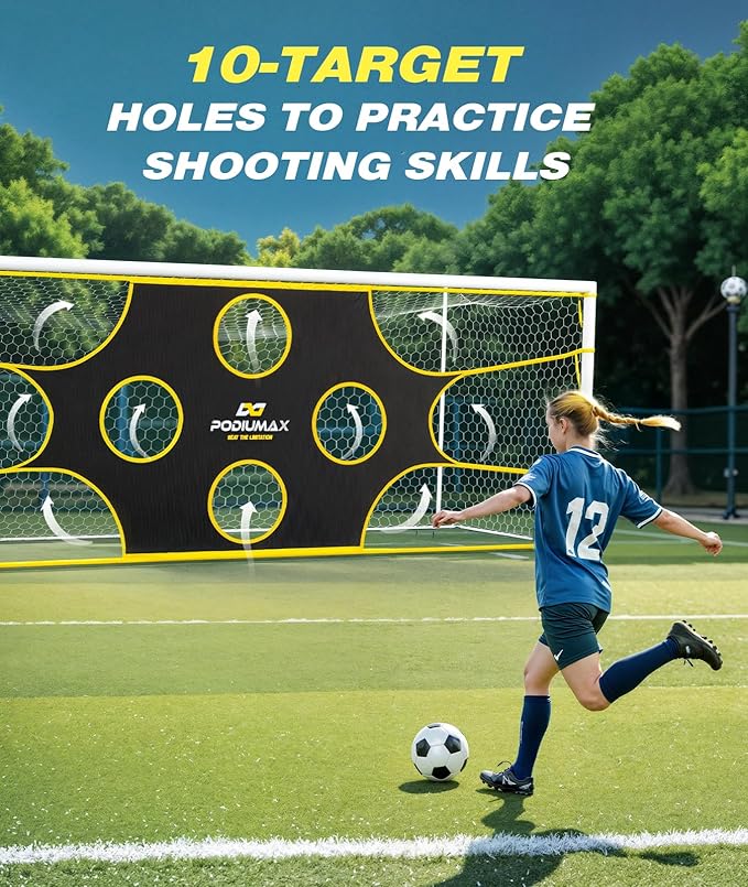 PodiuMax Soccer Goal Target Net with 10 Scoring Zones, 16x7 FT Adjustable Soccer Training Aide, Practice Shooting and Passing Accuracy, Portable Football Accessories