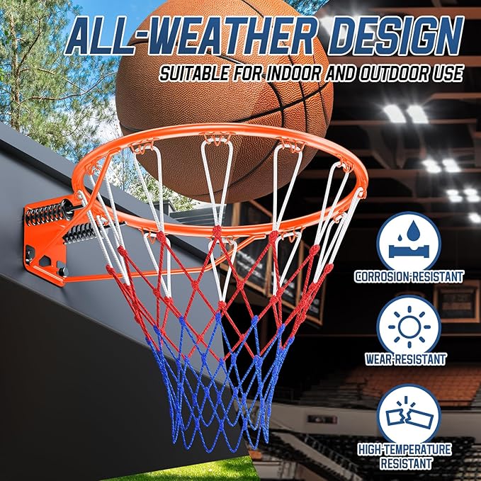 Basketball Rim, 18" Replacement Wall Mounted Outdoor Basketball Hoop, Heavy Duty Solid Steel, Double Spring Basketball Hoop Rim with All Weather Net for Indoor and Outdoor Hanging