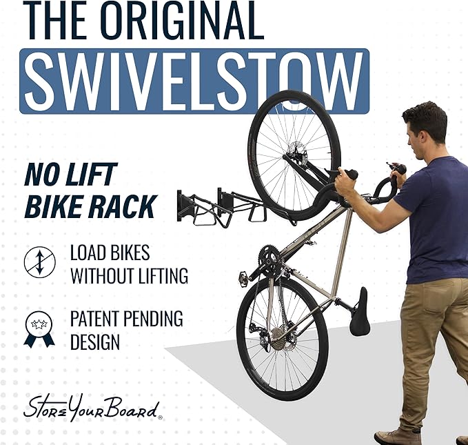 StoreYourBoard SwivelStow Mountain Bike Storage Rack 4 Pack – Heavy Duty Bike Hanger, No-Lift Bike Wall Mount for Garage Bike Storage, MTB and E-Bike, Holds 70 lbs, Patent-Pending