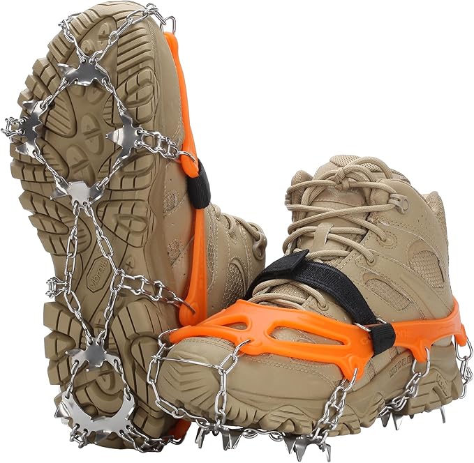Crampons 19 Spikes with Stainless Steel Chain Ice Snow Grips Traction Cleats System Safe Protect for Walking, Jogging, Climbing, Hiking on Snow and Ice, Boots Chains for Women Men