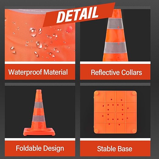 RoadHero 28 Inch 20 Pack Collapsible Traffic Safety Cones, Multi Purpose Pop-up Cones with Reflective Collar for Road Safety, Orange Cones for Driving Training, Parking Lots