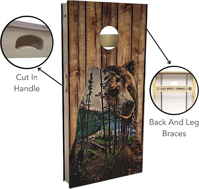Slick Woody's Professional-Grade Cornhole Boards - 4'x2' Solid Wood Regulation Woodgrain Flag Bean Bag Toss Game with 8 Resin Filled Bags