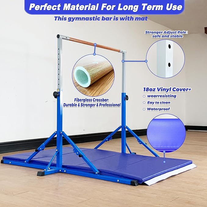 MARFULA Gymnastic Bar for Kid and Teenage Ages 3-25, 5 FT / 8 FT Base Length, 4 FT Width 5 FT Height, Gymnastic Kip Bar Horizontal Bar for Gymnast, Gymnastic Training Equipment for Home and Club Use