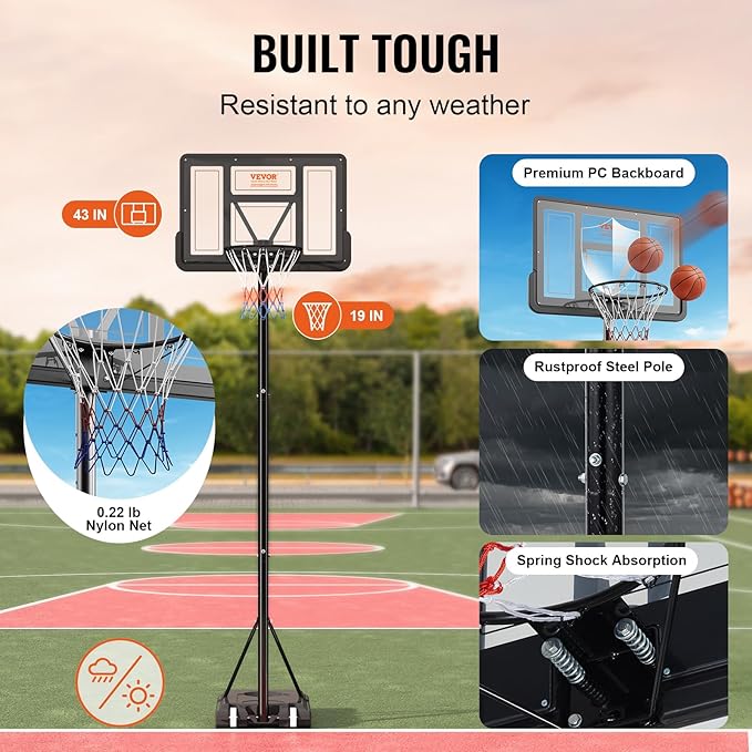 VEVOR Basketball Hoop/Rim, Adjustable Height Portable Backboard Court, Basketball Goal, Mobile Stand with Wheels Weighted Base, Youth&Adults, Outdoor/Indoor