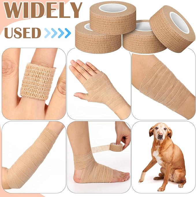 Treela 64 Pack 1" x 5 Yards Self Adhesive Cohesive Bandage Wraps, Elastic Breathable Athletic Tape, Flexible Self Adherent Bandage Rolls for Wrist, Ankle, Fingers, Sports & Pets (Beige)