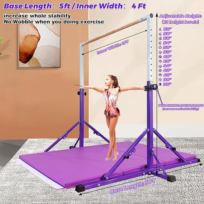 MARFULA Gymnastic Bar for Kid and Teenage Ages 3-25, 5 FT / 8 FT Base Length, 4 FT Width 5 FT Height, Gymnastic Kip Bar Horizontal Bar for Gymnast, Gymnastic Training Equipment for Home and Club Use