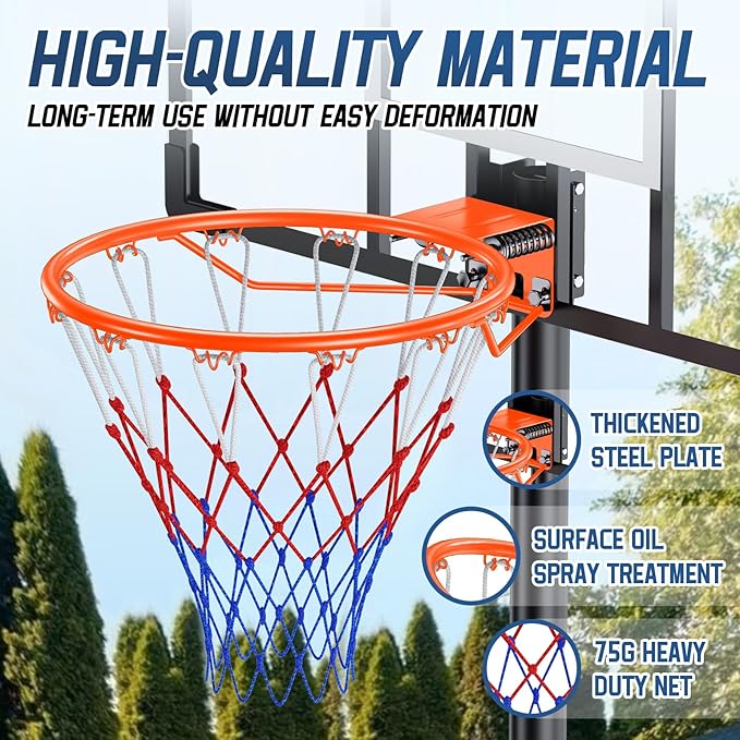 Basketball Rim, 18" Replacement Wall Mounted Outdoor Basketball Hoop, Heavy Duty Solid Steel, Double Spring Basketball Hoop Rim with All Weather Net for Indoor and Outdoor Hanging
